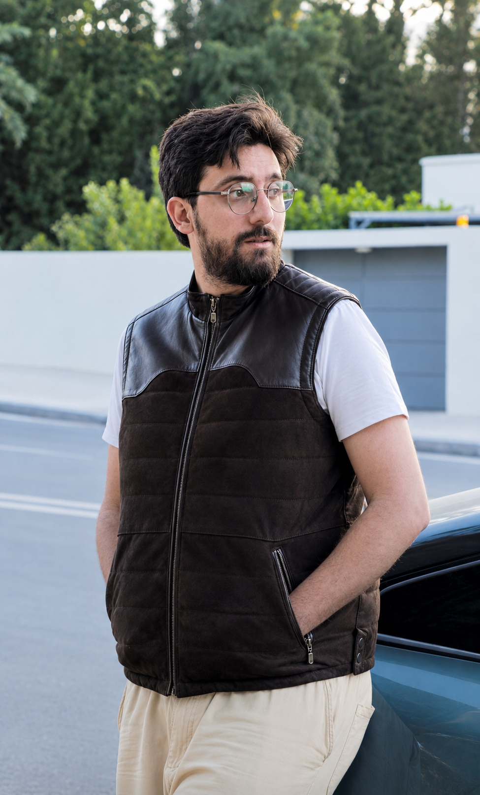 Gilet en daim à détails cuir
