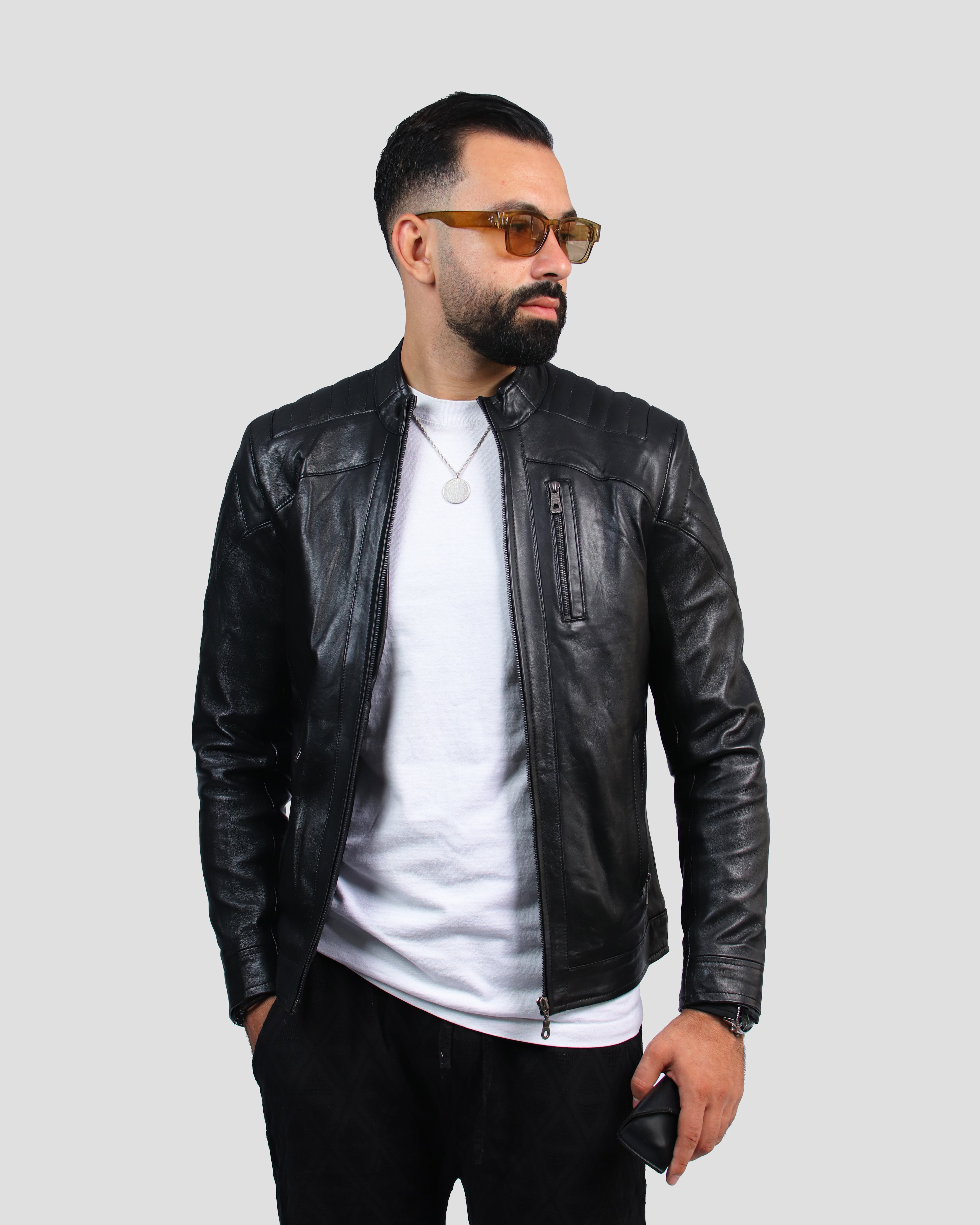 Blouson noir en cuir véritable
