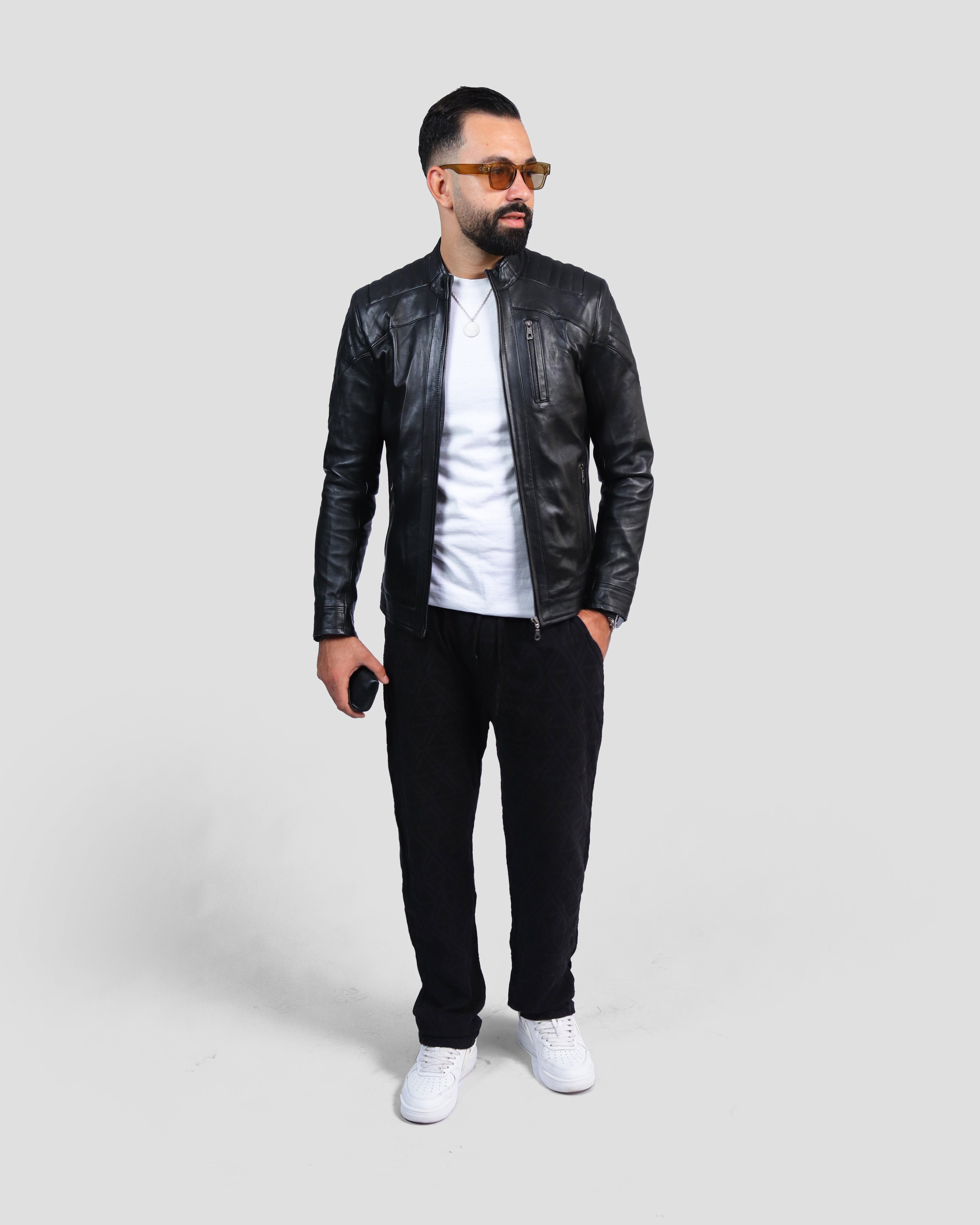 Blouson noir en cuir véritable