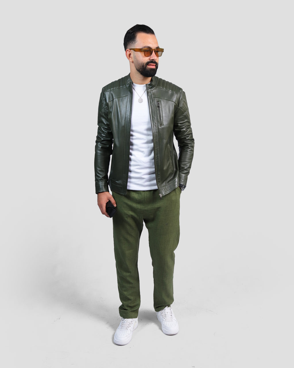 Blouson VERT en Cuir Véritable