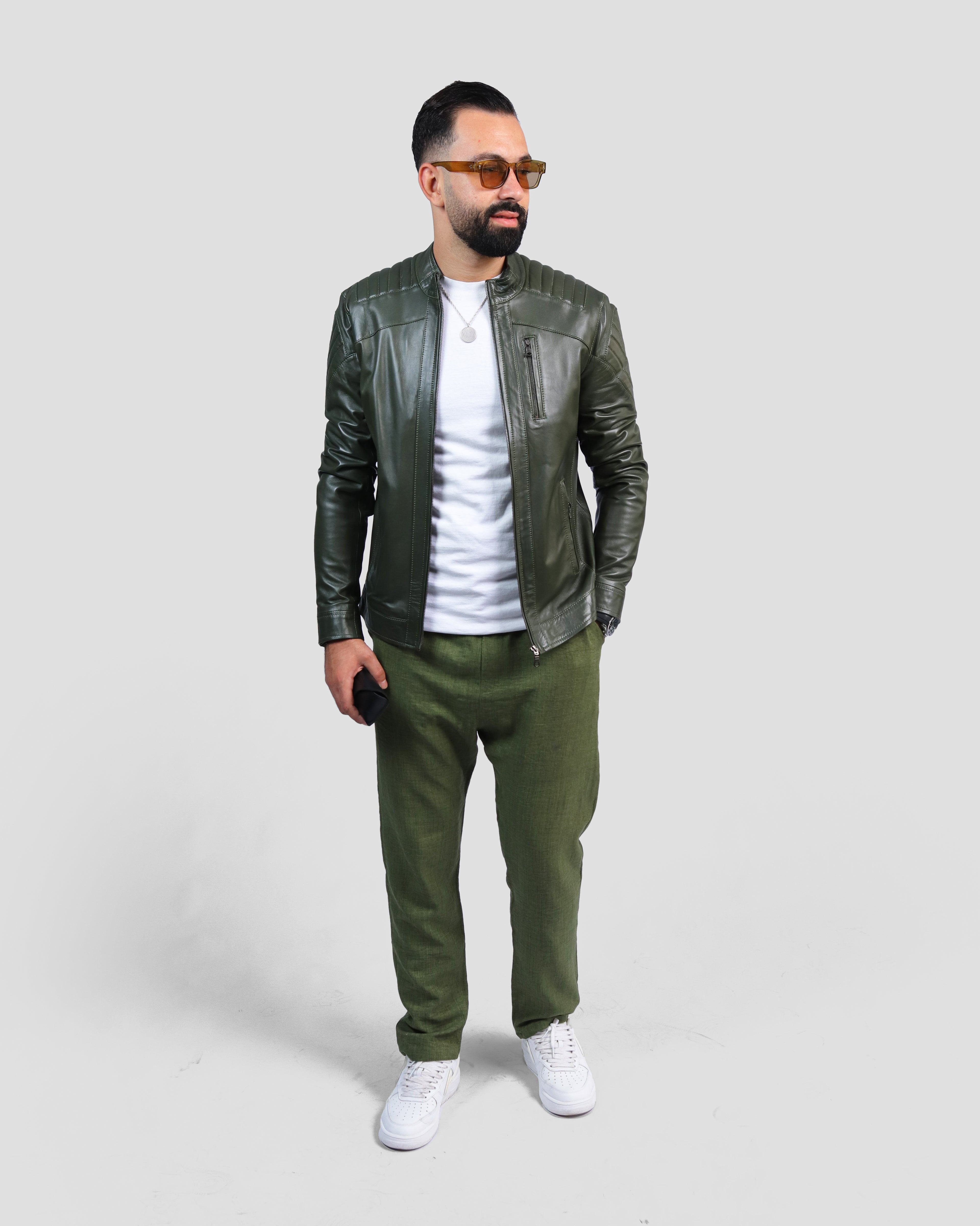 Blouson VERT en Cuir Véritable