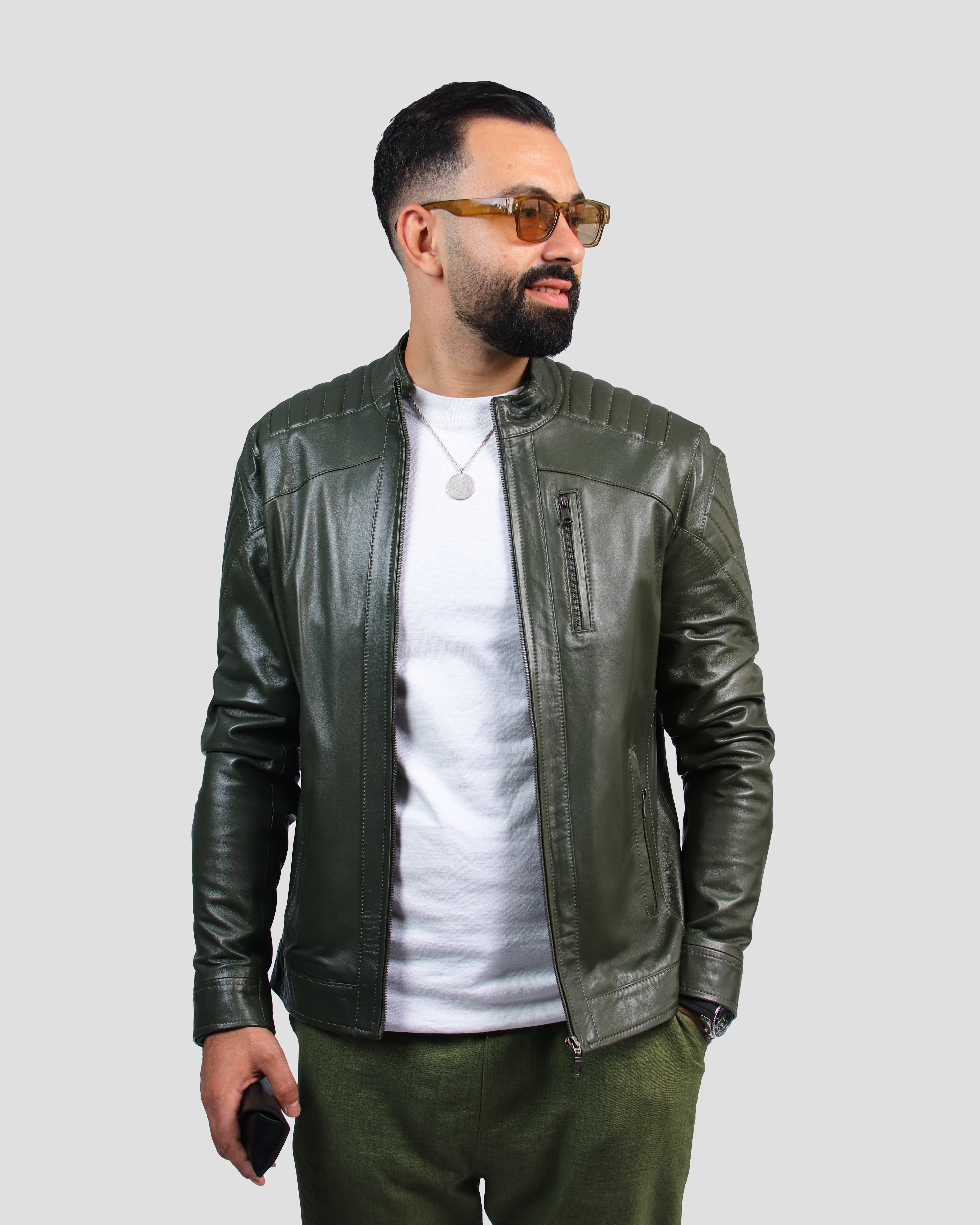 Blouson VERT en Cuir Véritable