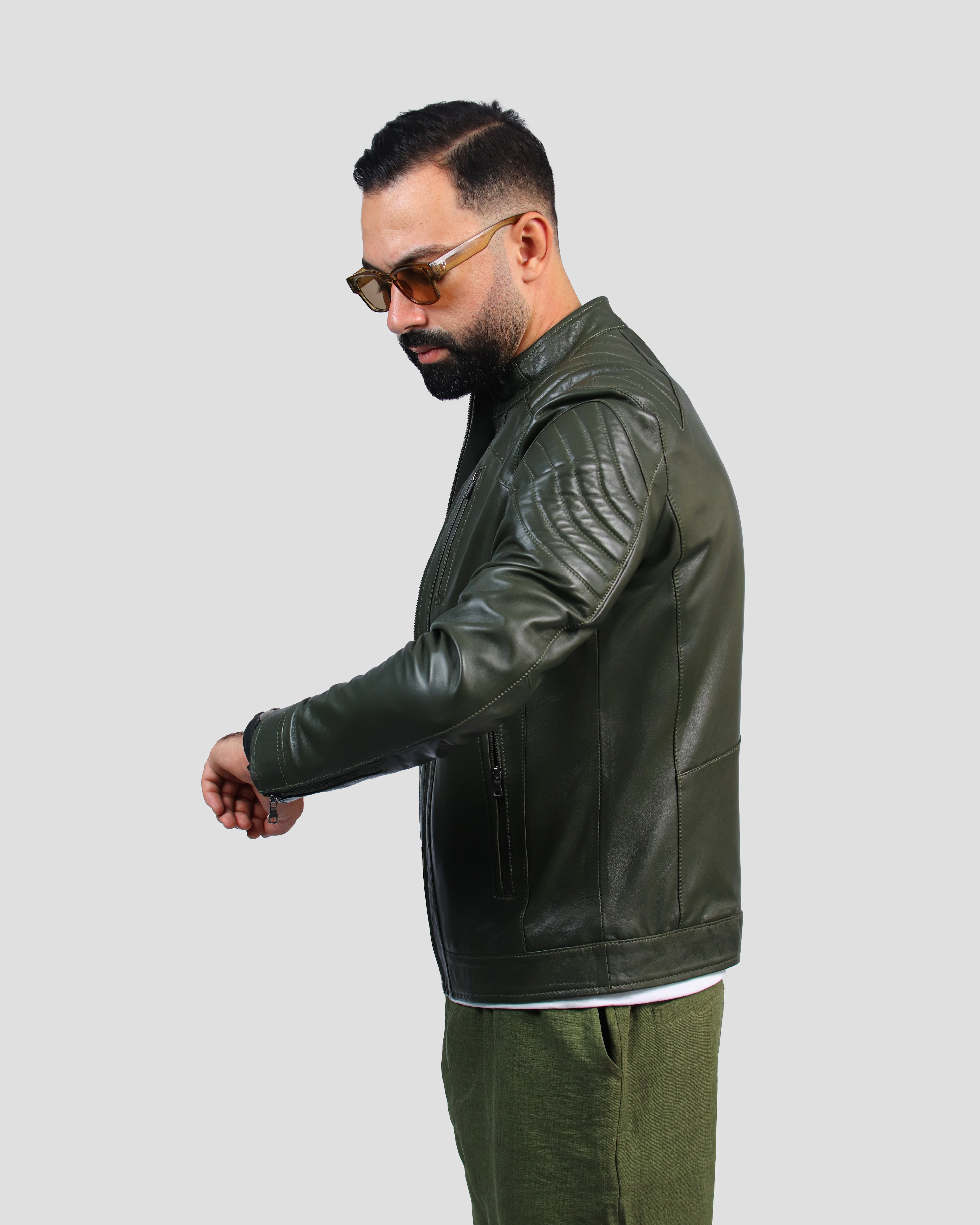 Blouson VERT en Cuir Véritable