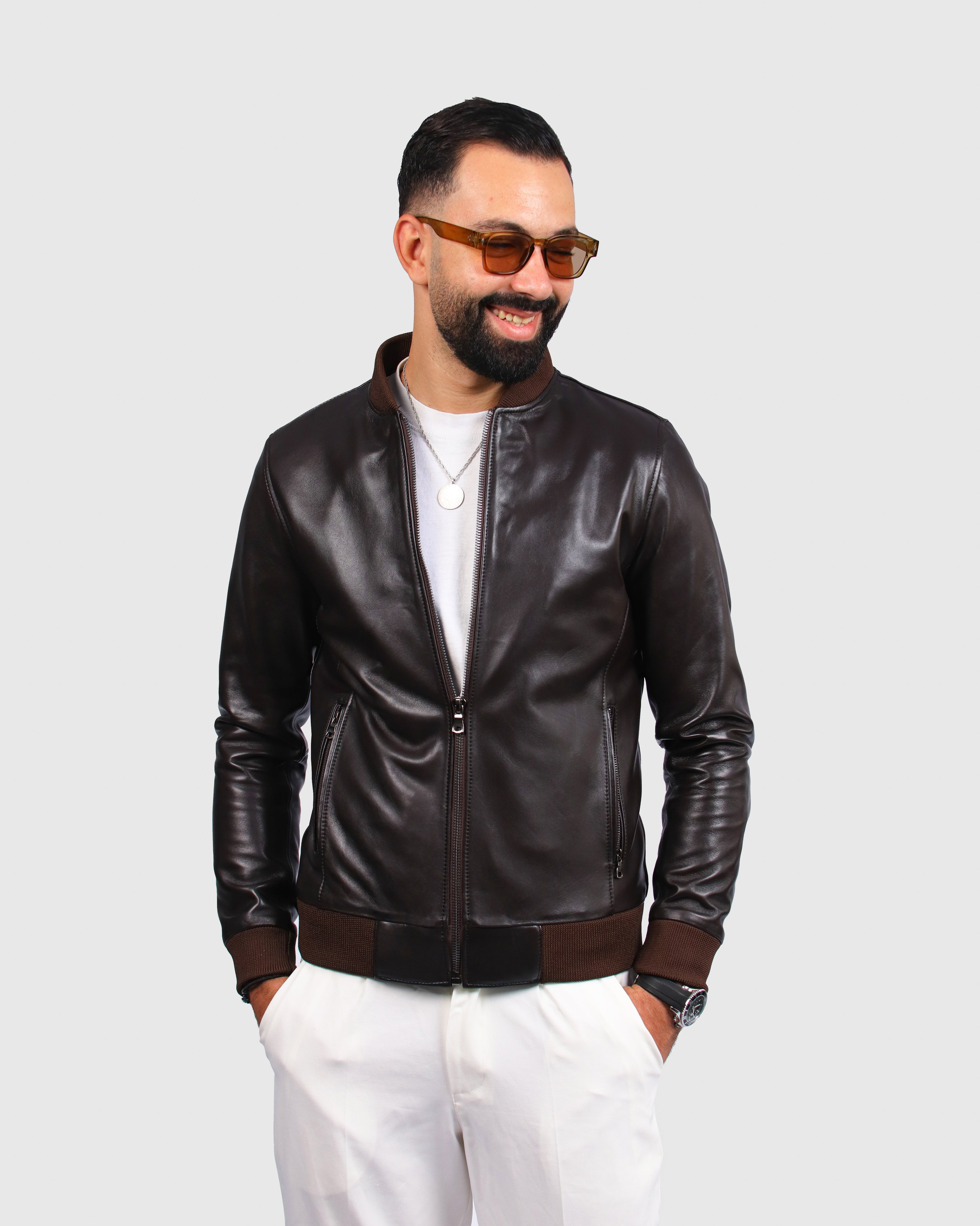 Blouson Bomber en Cuir Marron
