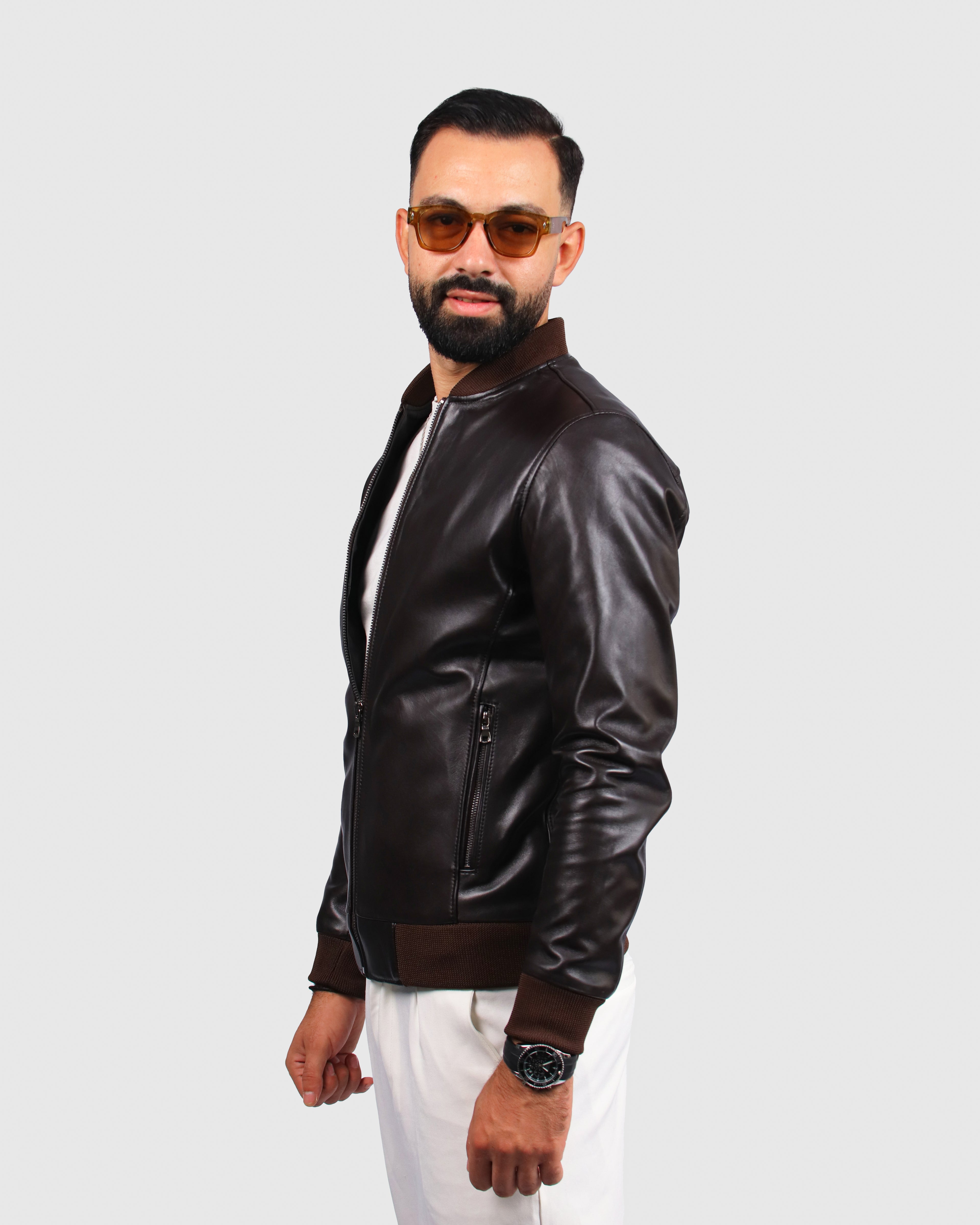 Blouson Bomber en Cuir Marron