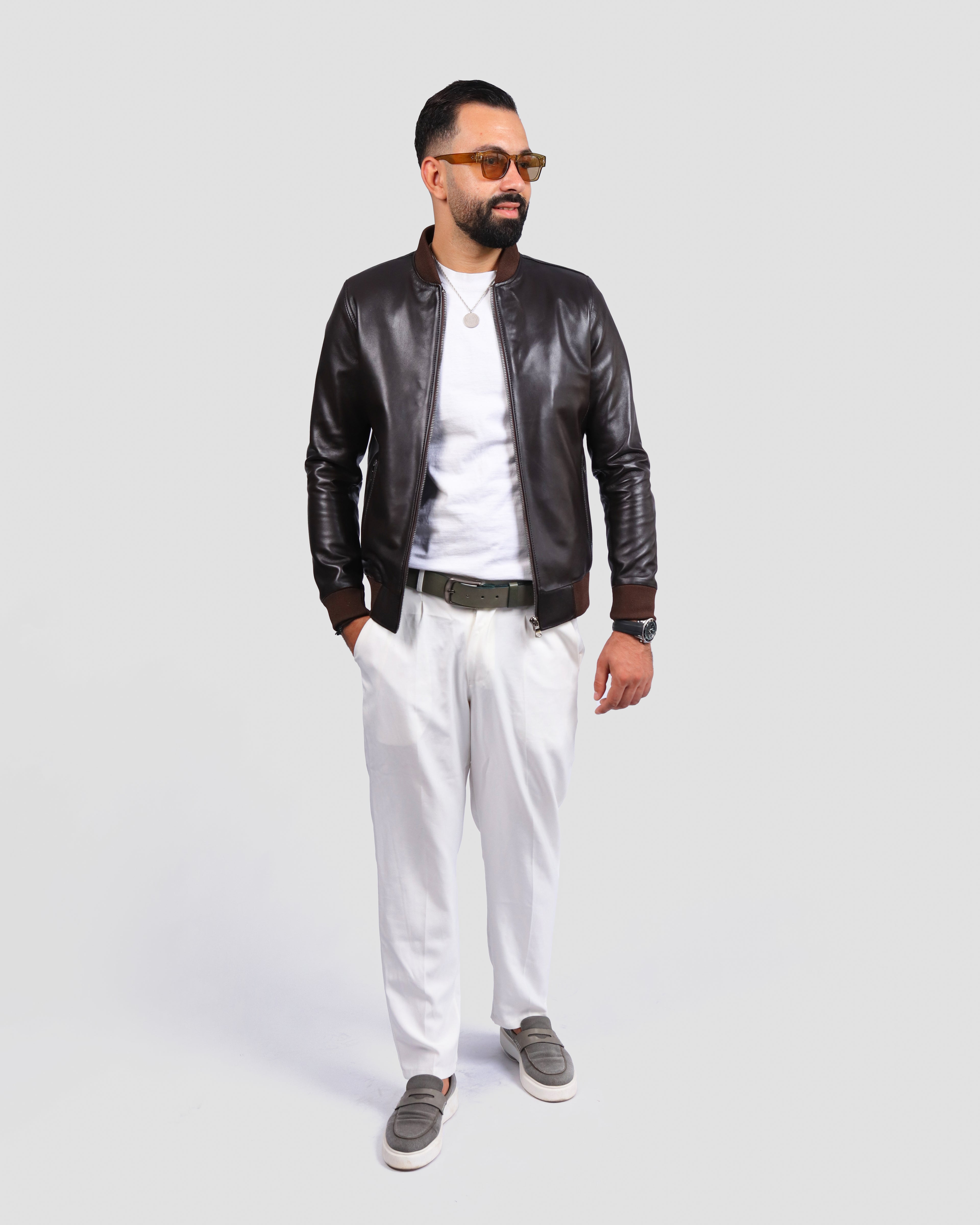 Blouson Bomber en Cuir Marron