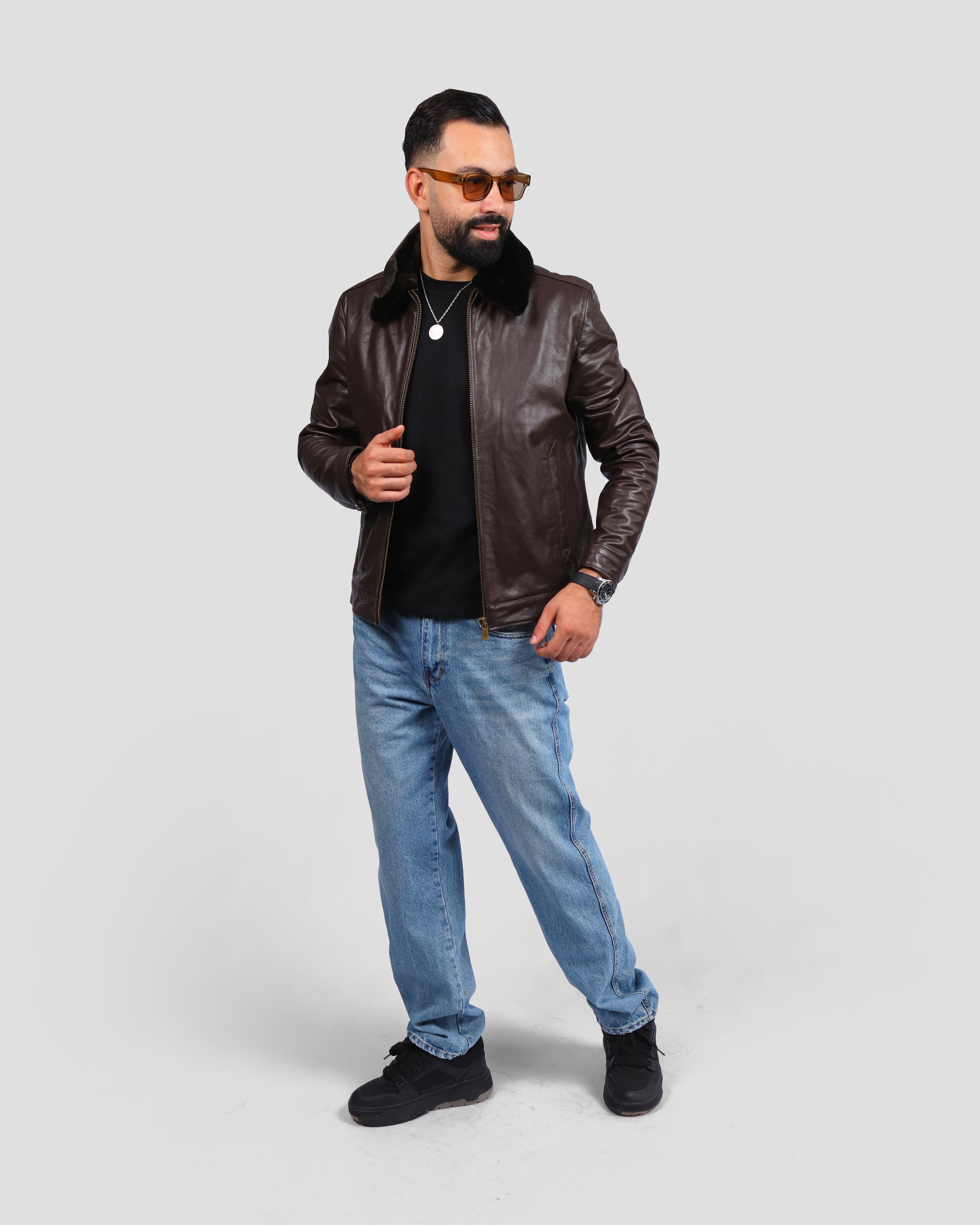 Veste en Cuir de Vachette avec Col en Fourrure