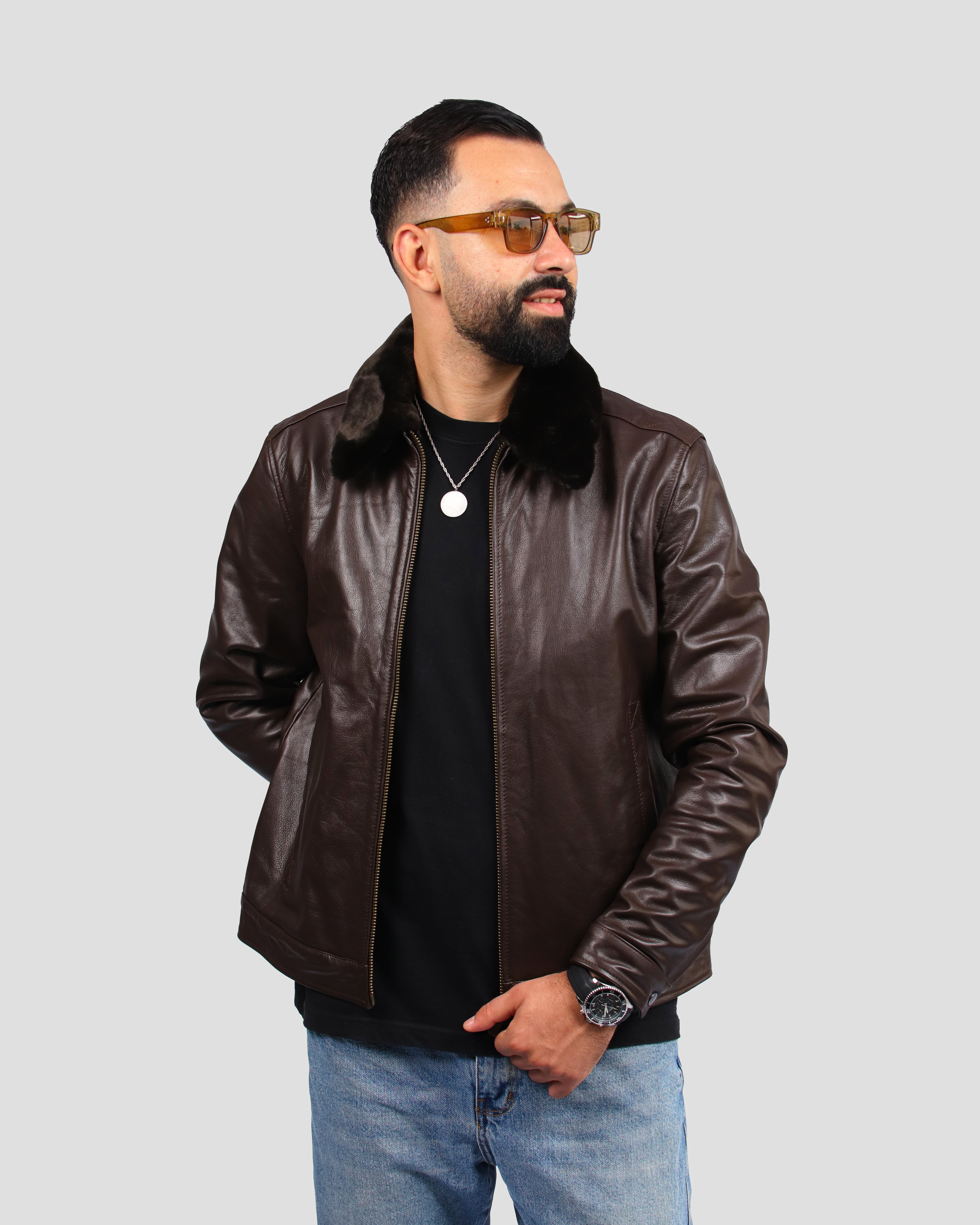 Veste en Cuir de Vachette avec Col en Fourrure