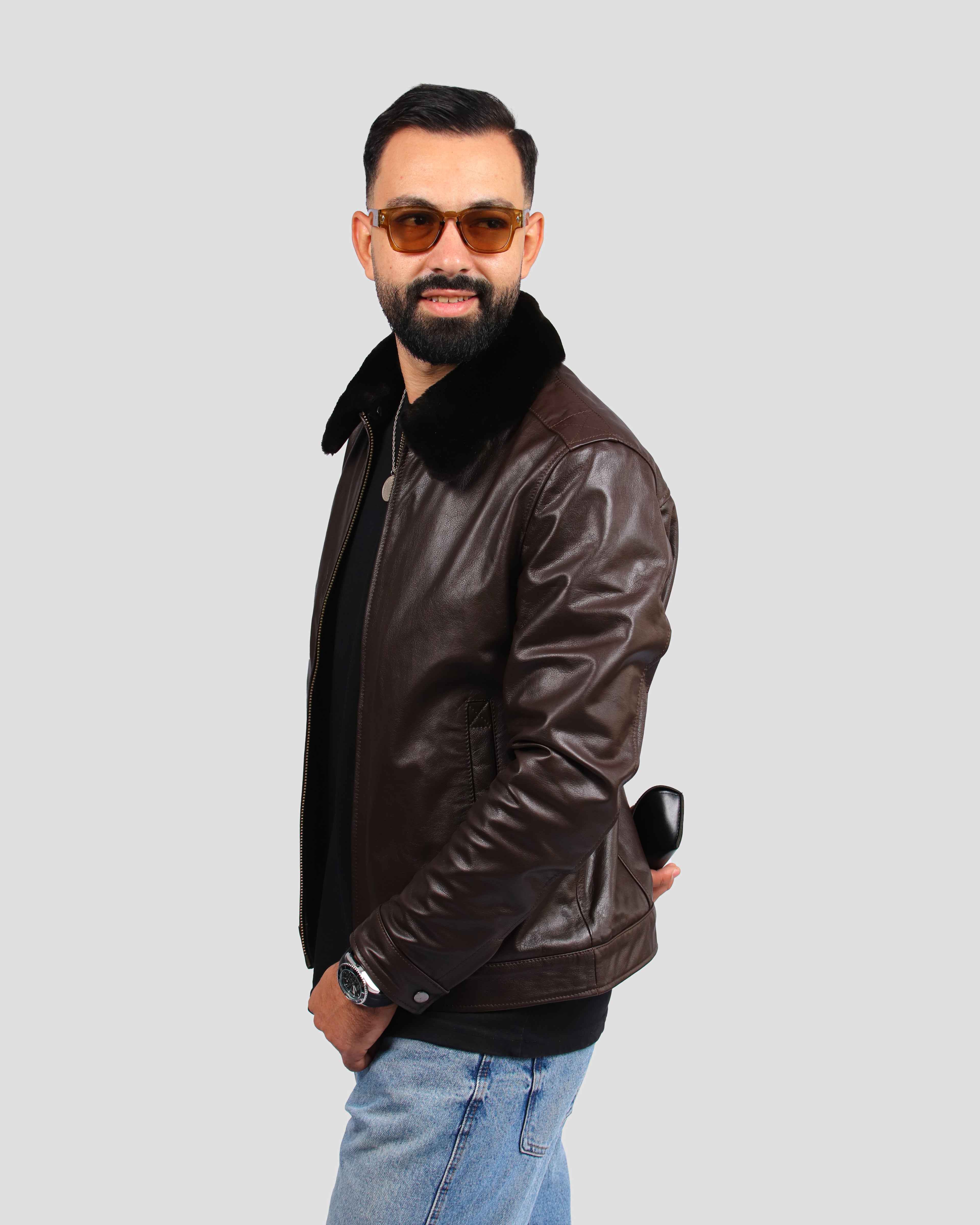 Veste en Cuir de Vachette avec Col en Fourrure