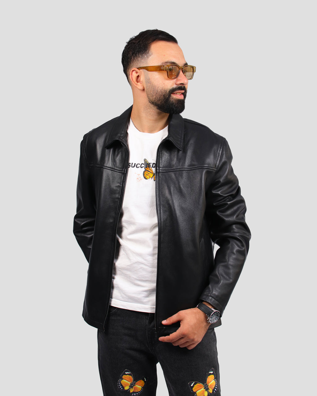 Veste en Cuir Noir à Col Chemise