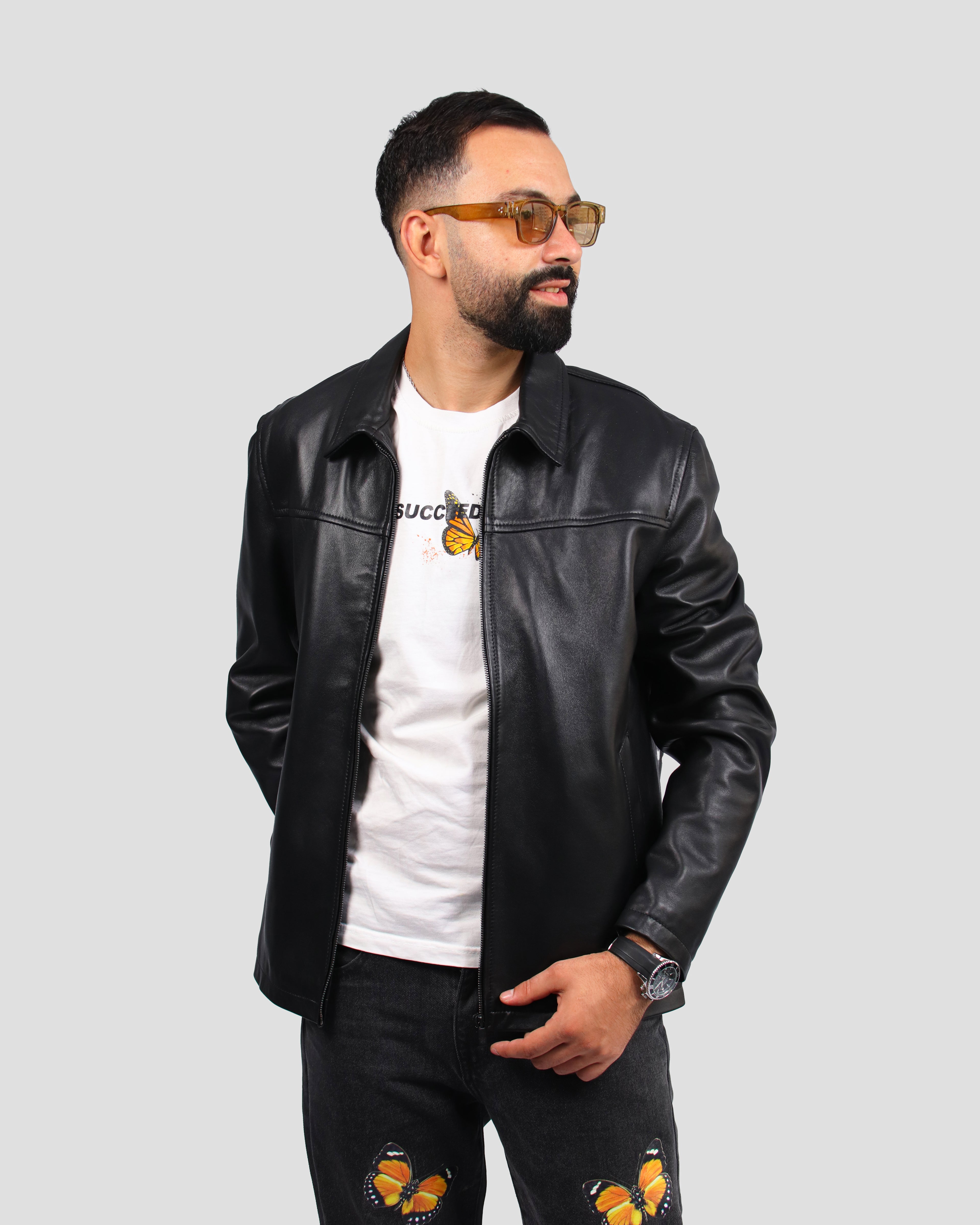 Veste en Cuir Noir à Col Chemise