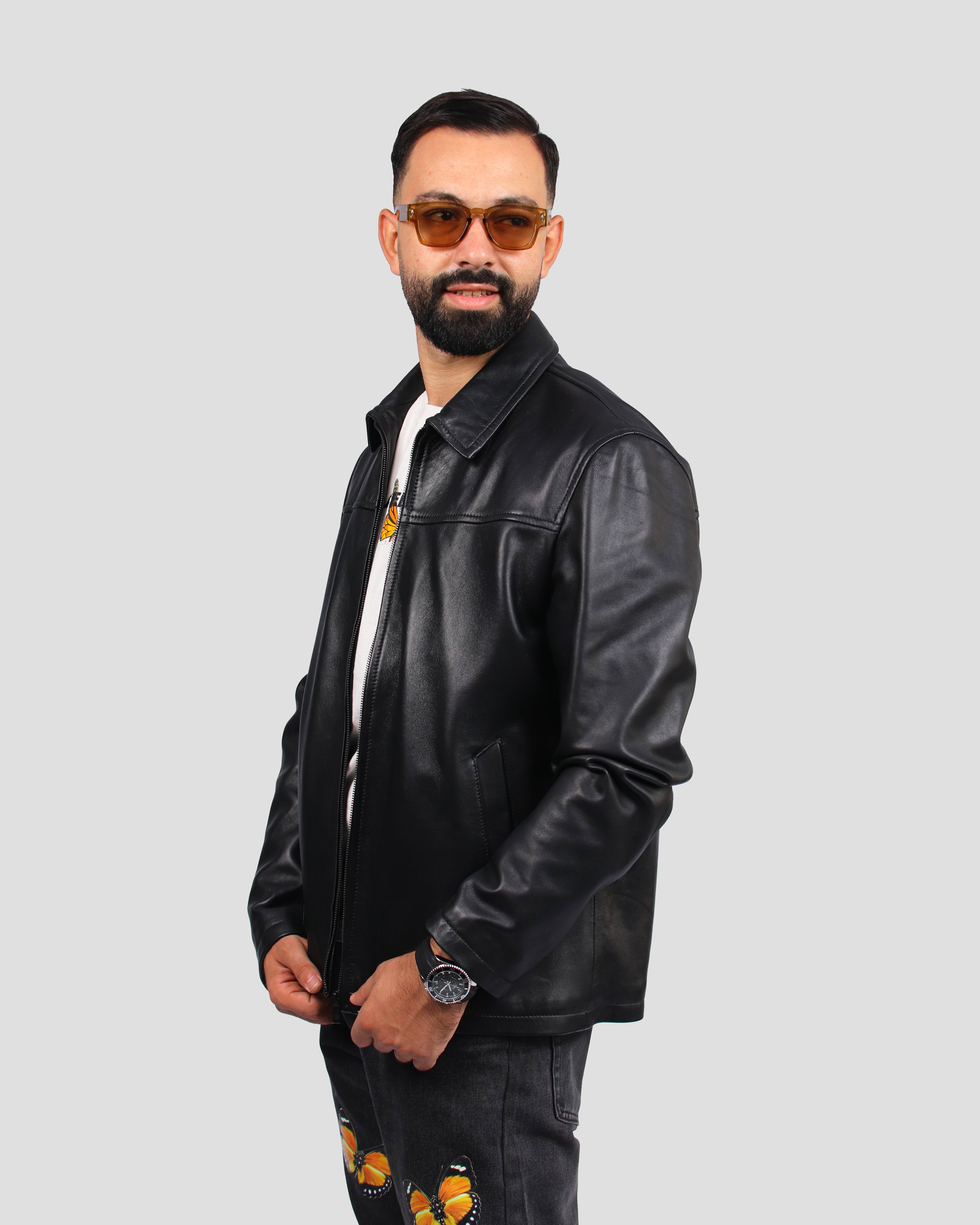 Veste en Cuir Noir à Col Chemise