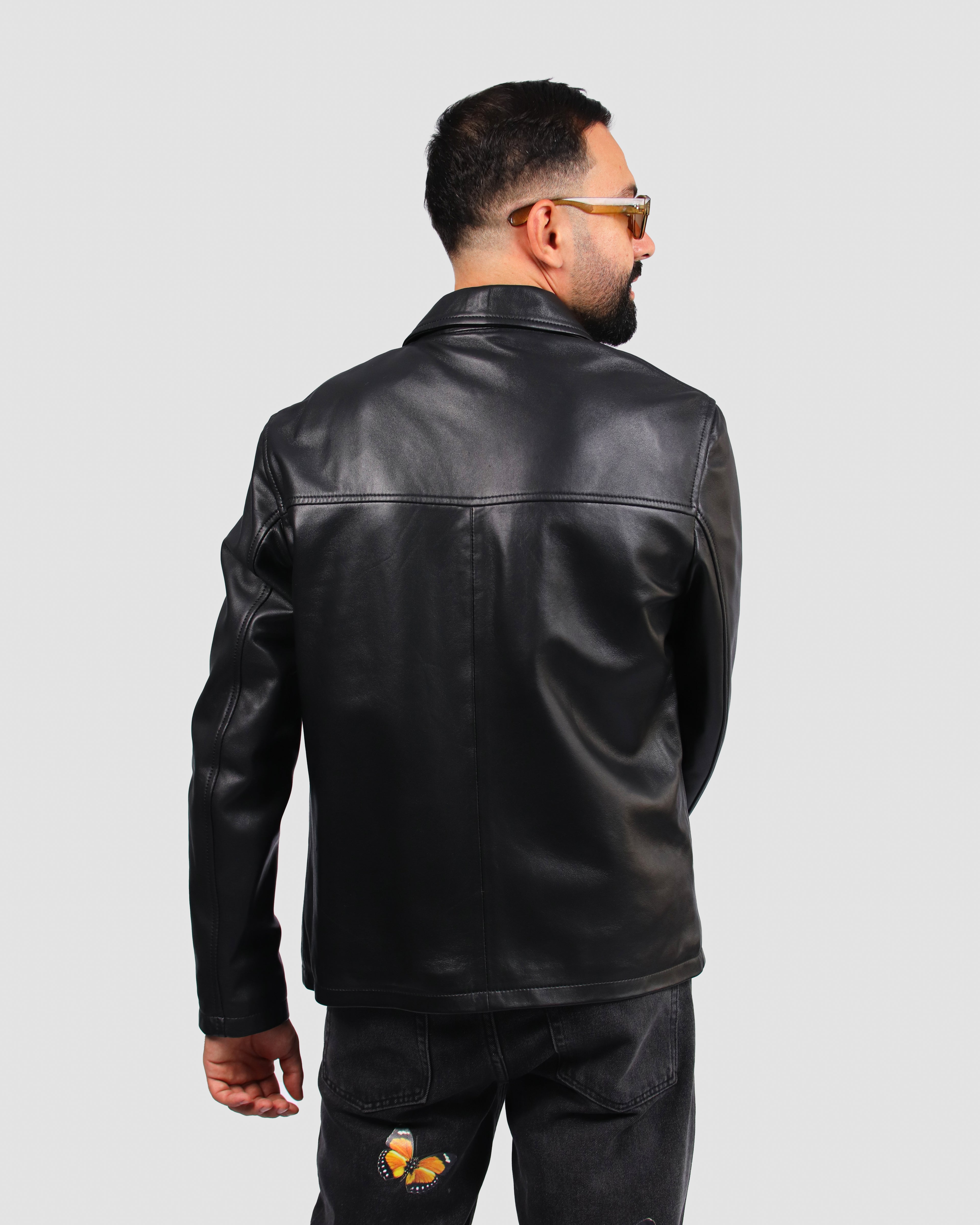 Veste en Cuir Noir à Col Chemise
