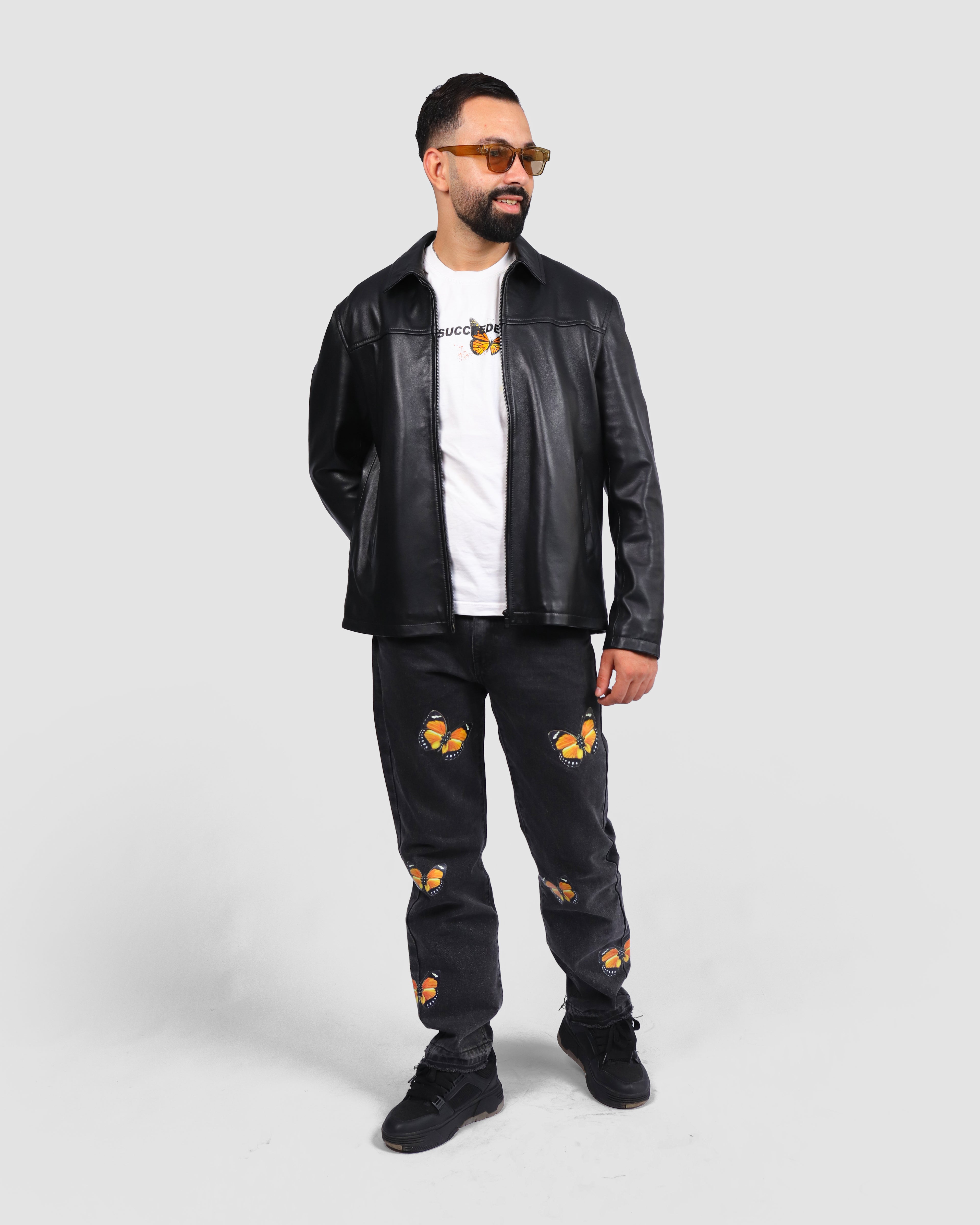 Veste en Cuir Noir à Col Chemise