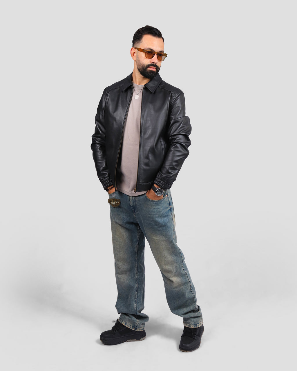 Blouson bomber en Cuir Noir à Col Chemise