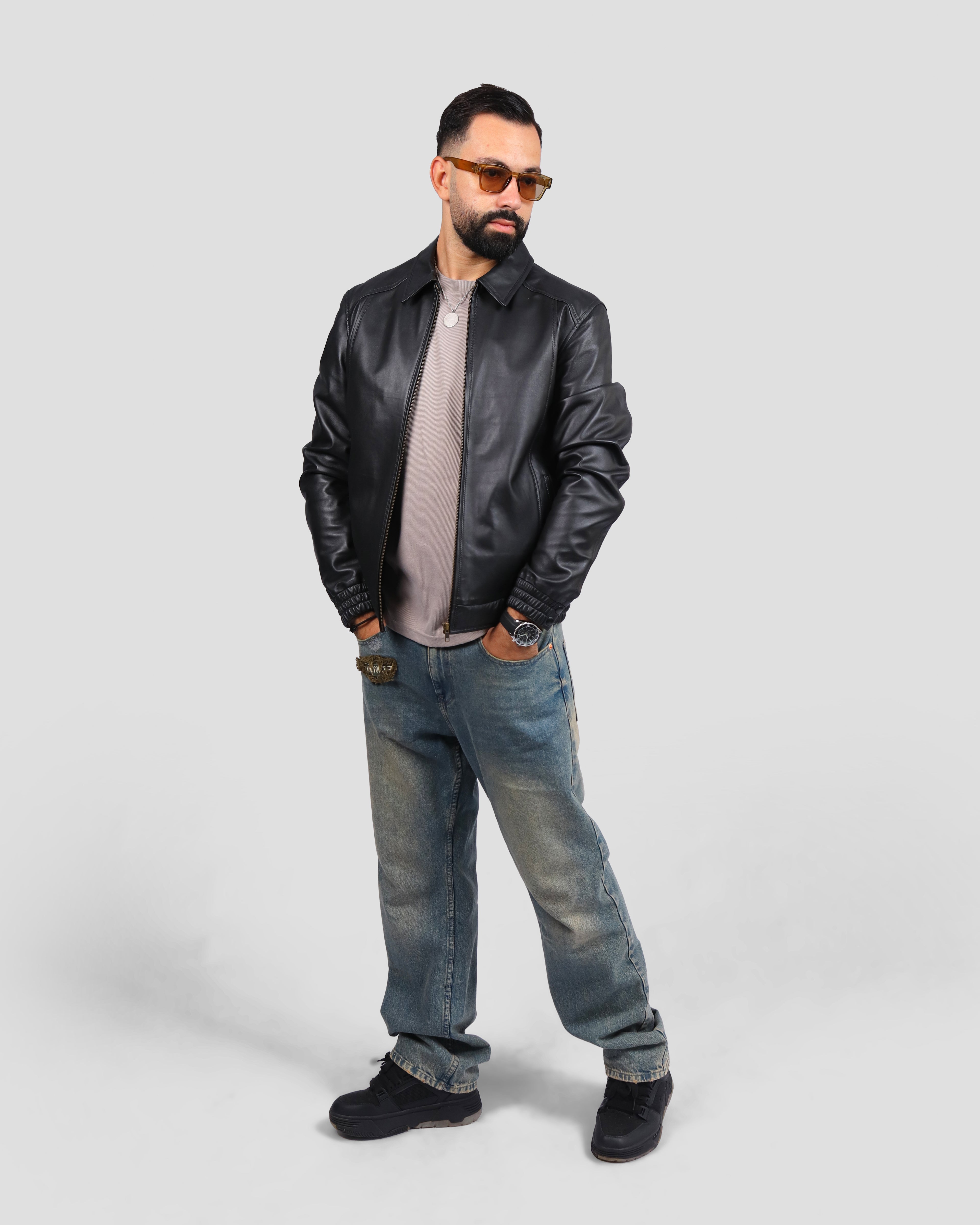 Blouson bomber en Cuir Noir à Col Chemise