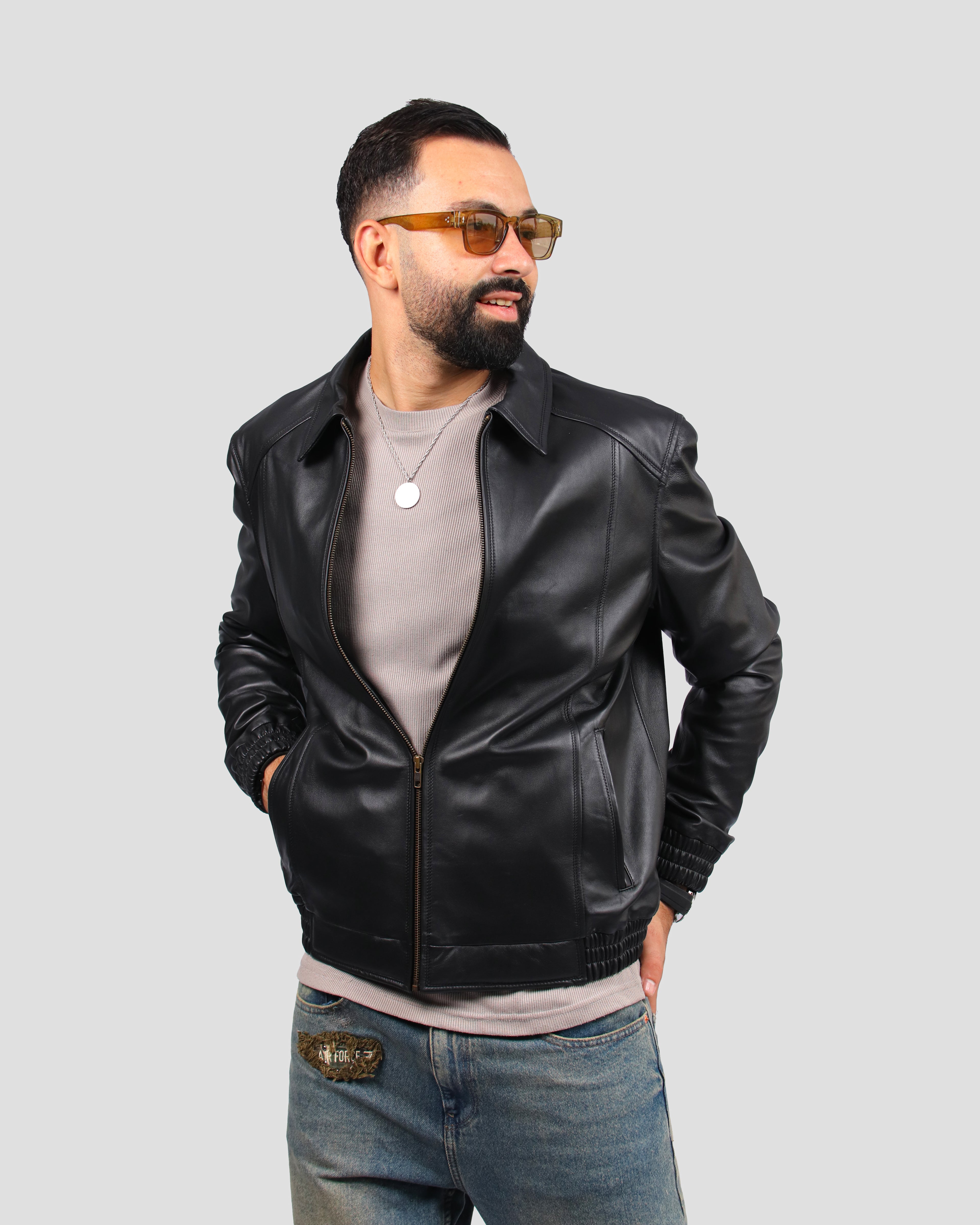 Blouson bomber en Cuir Noir à Col Chemise