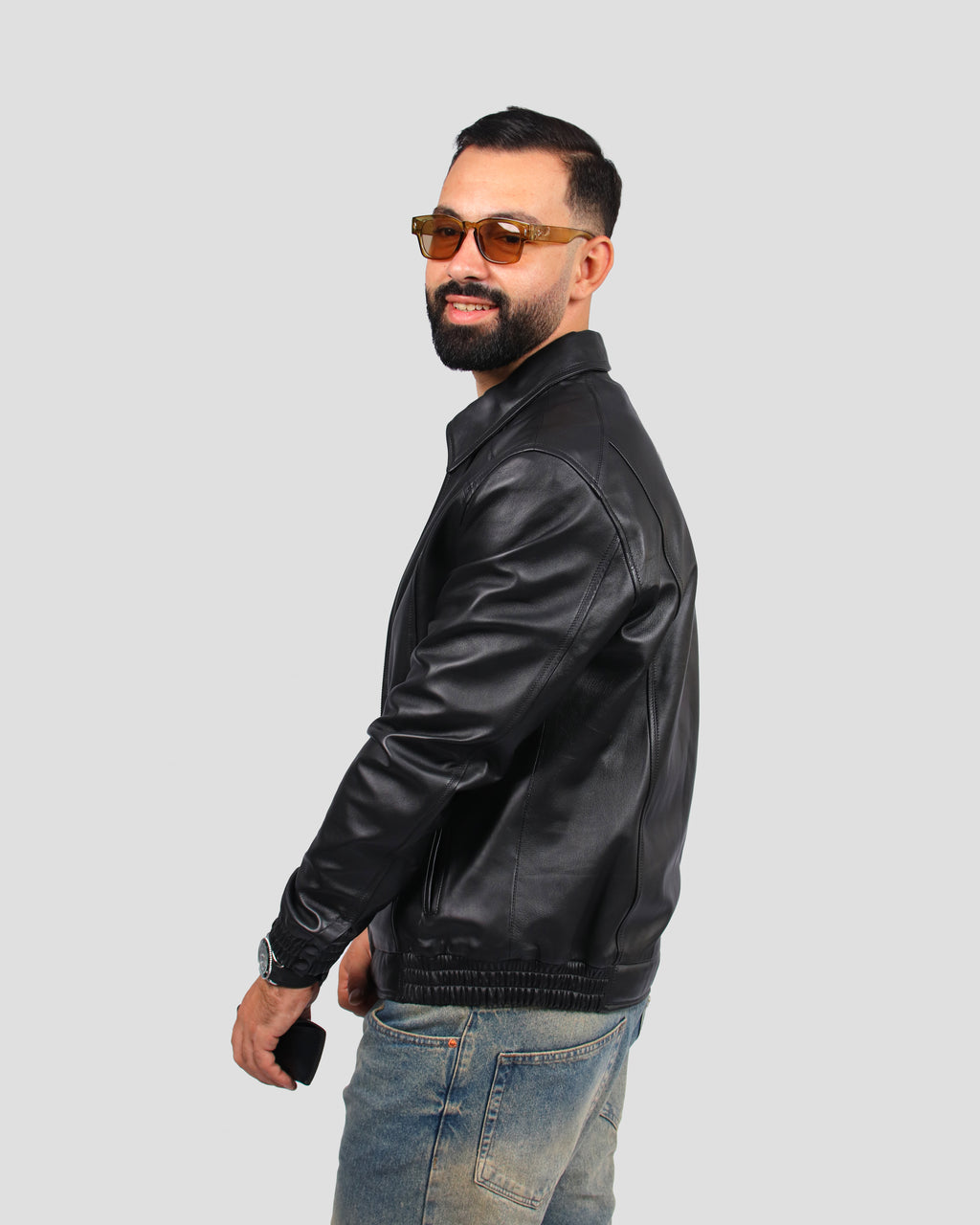 Blouson bomber en Cuir Noir à Col Chemise