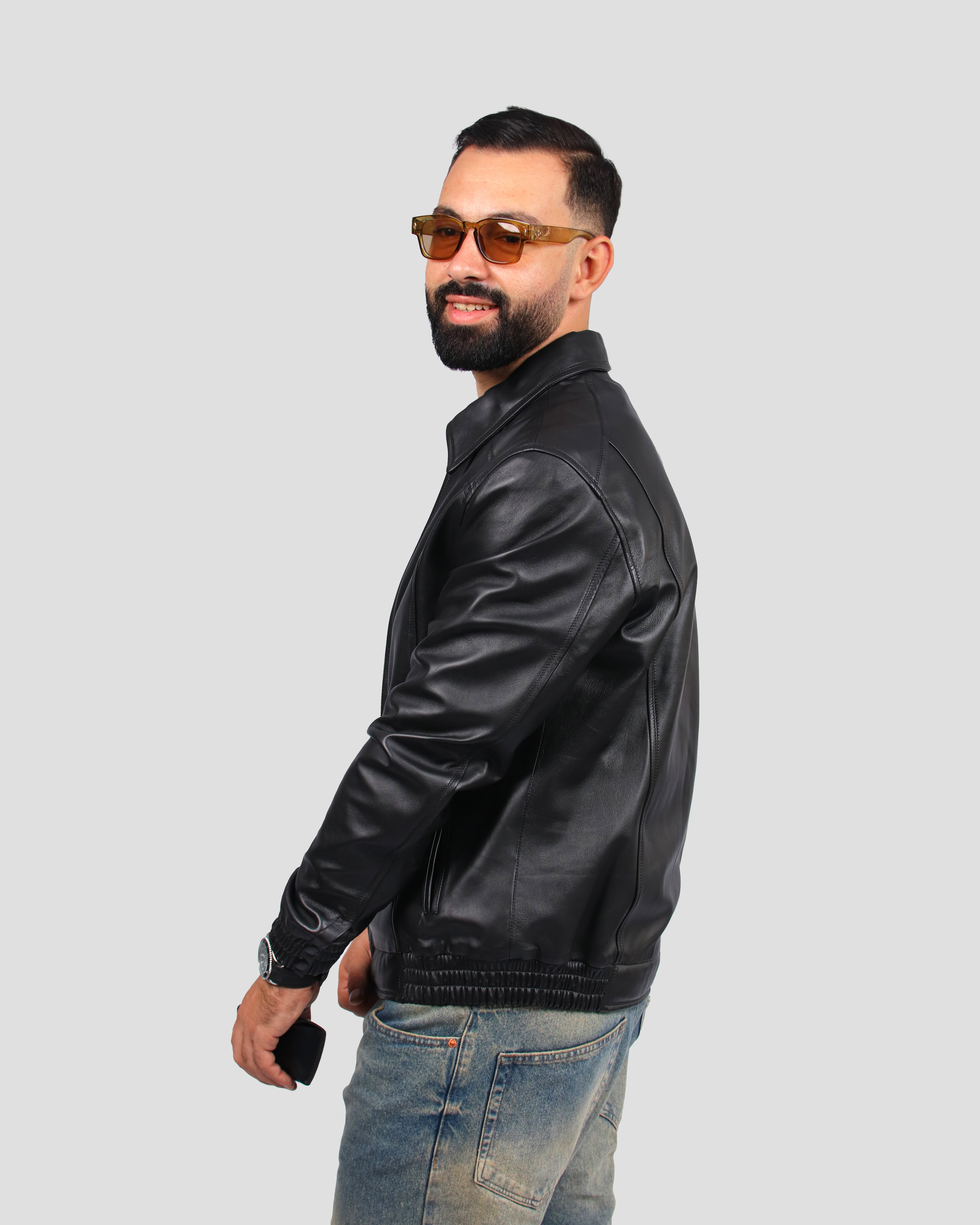 Blouson bomber en Cuir Noir à Col Chemise