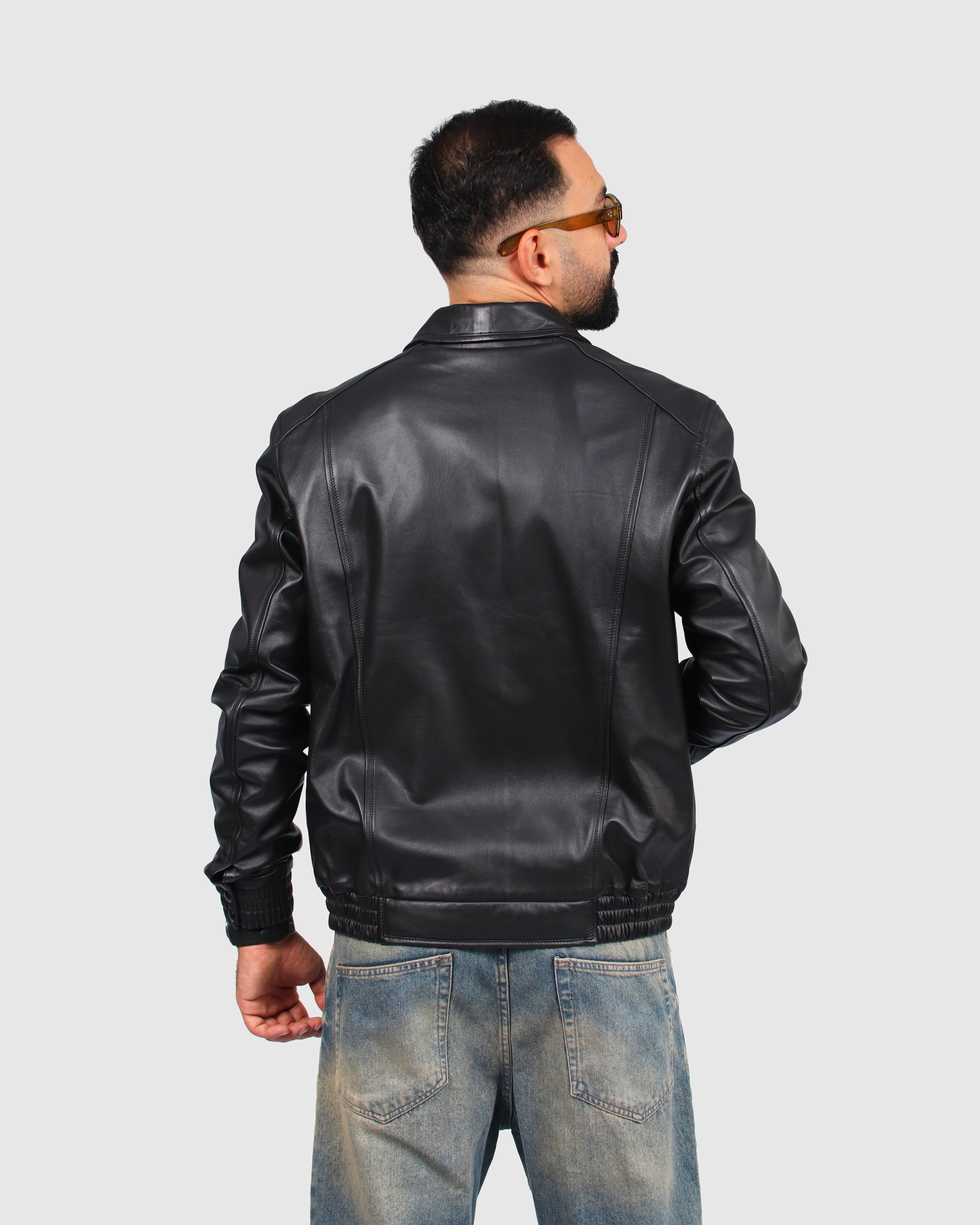 Blouson bomber en Cuir Noir à Col Chemise