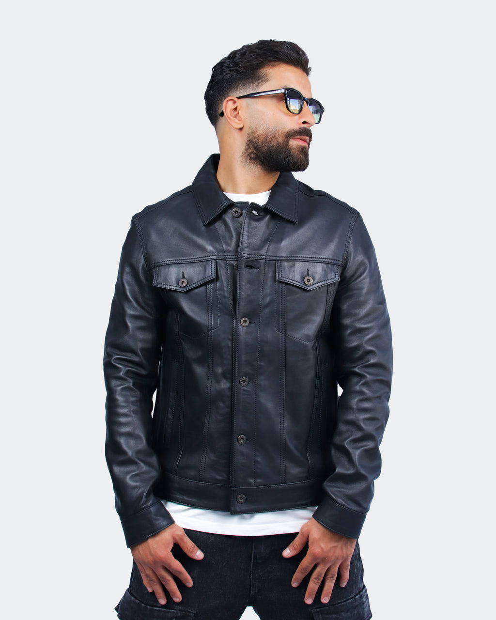 Veste en Cuir Noir Regular Fit