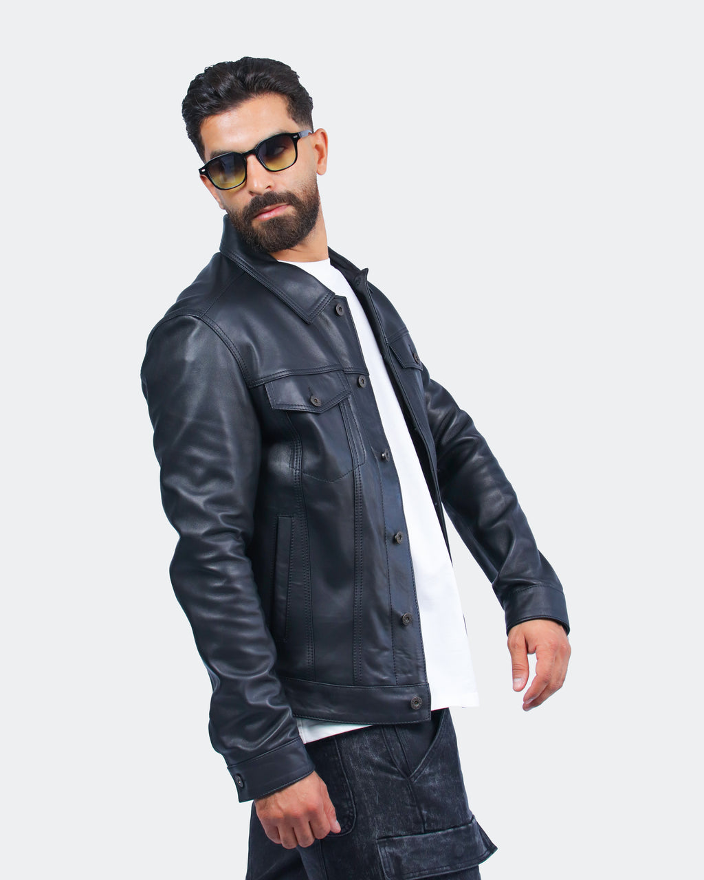 Veste en Cuir Noir Regular Fit