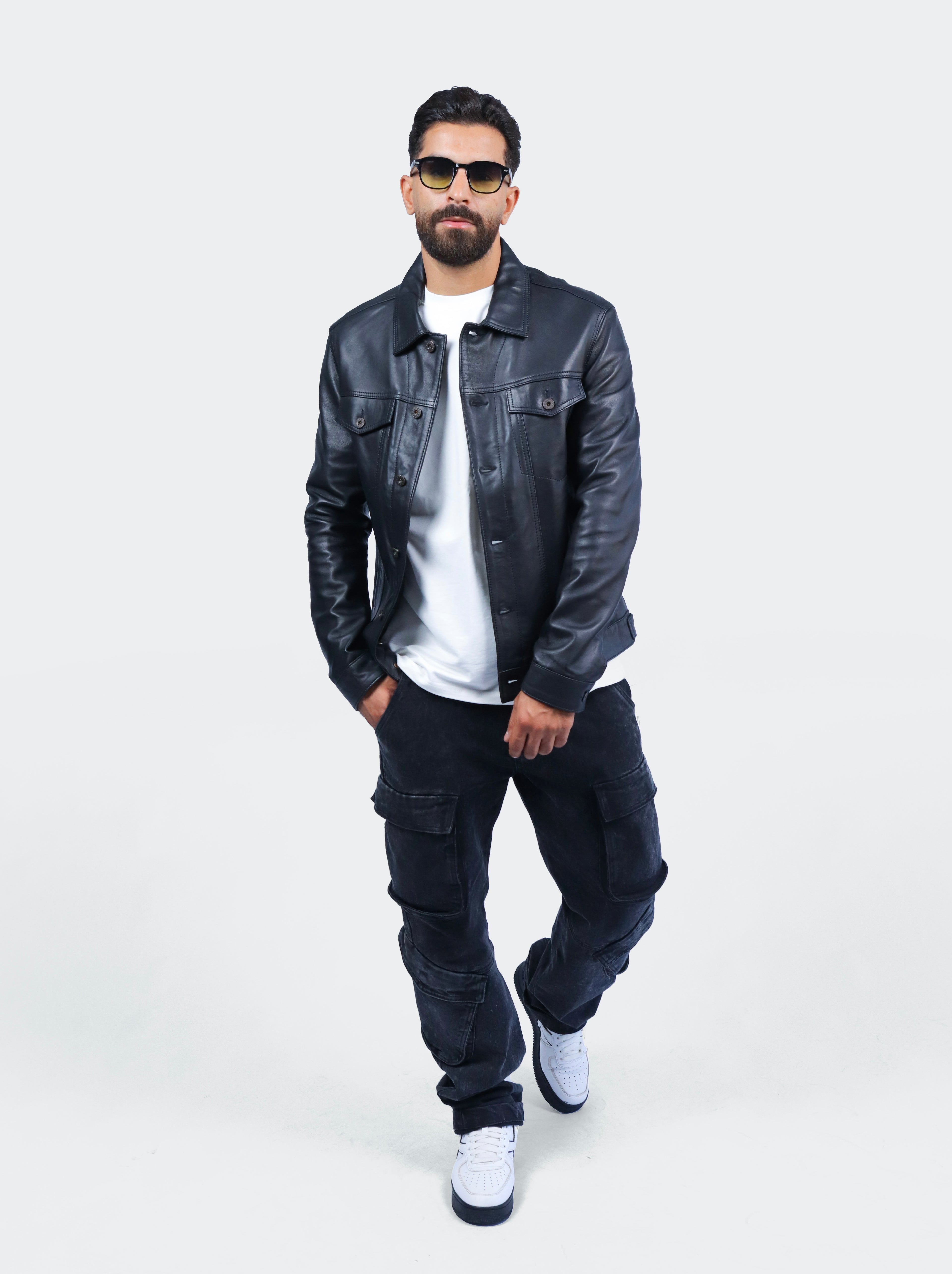 Veste en Cuir Noir Regular Fit