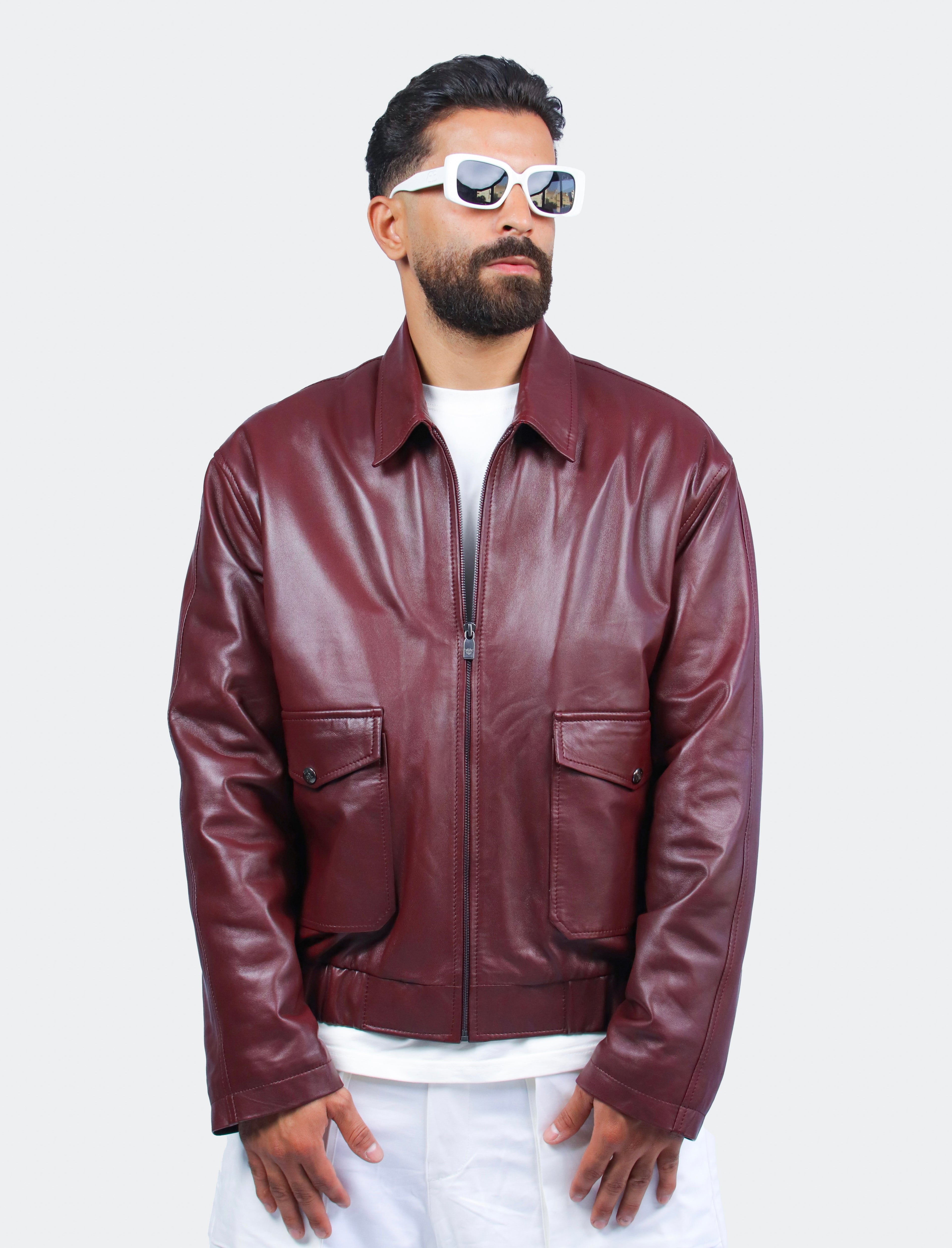 Blouson Oversize en Cuir Bordeaux à Col Chemise