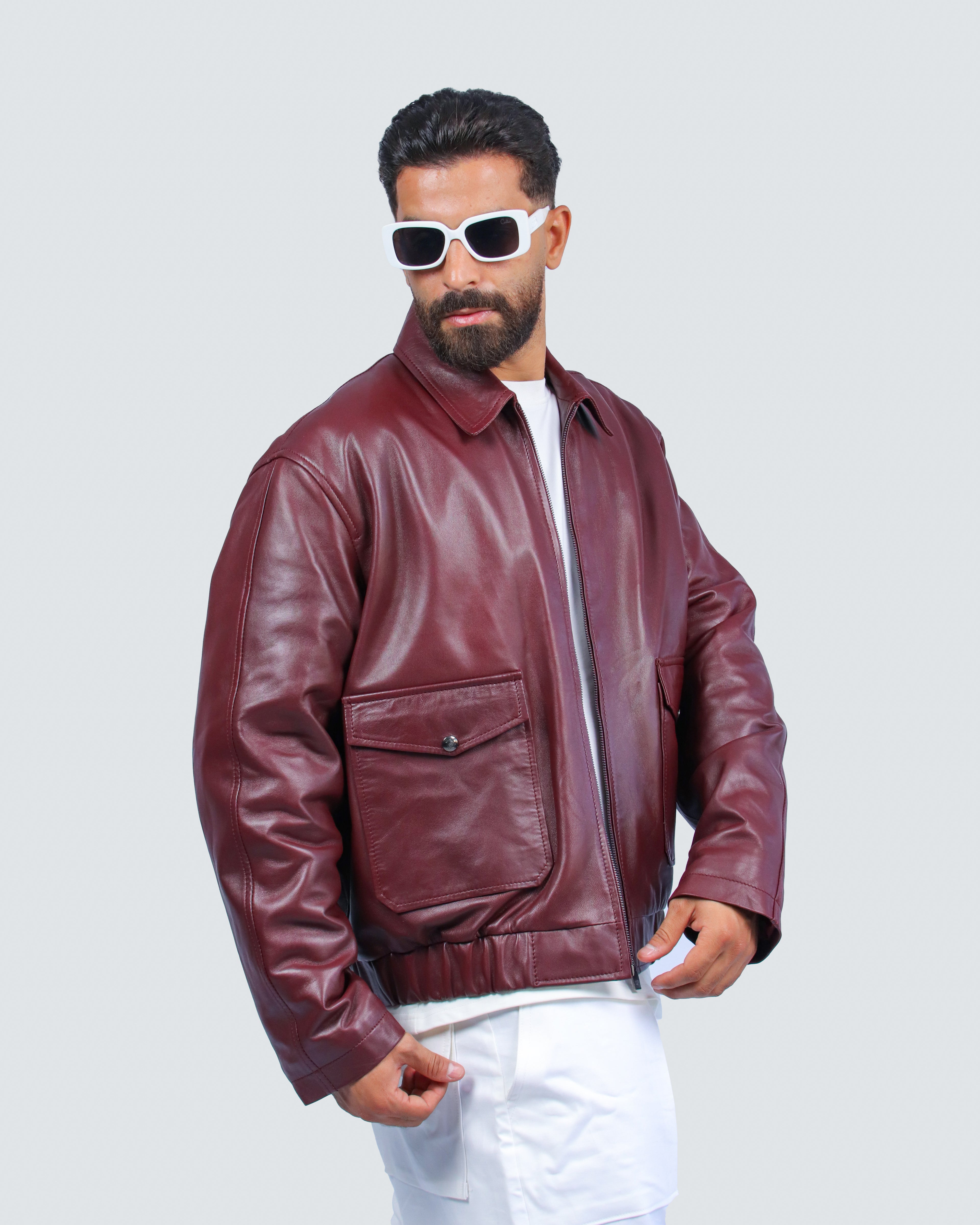 Blouson Oversize en Cuir Bordeaux à Col Chemise