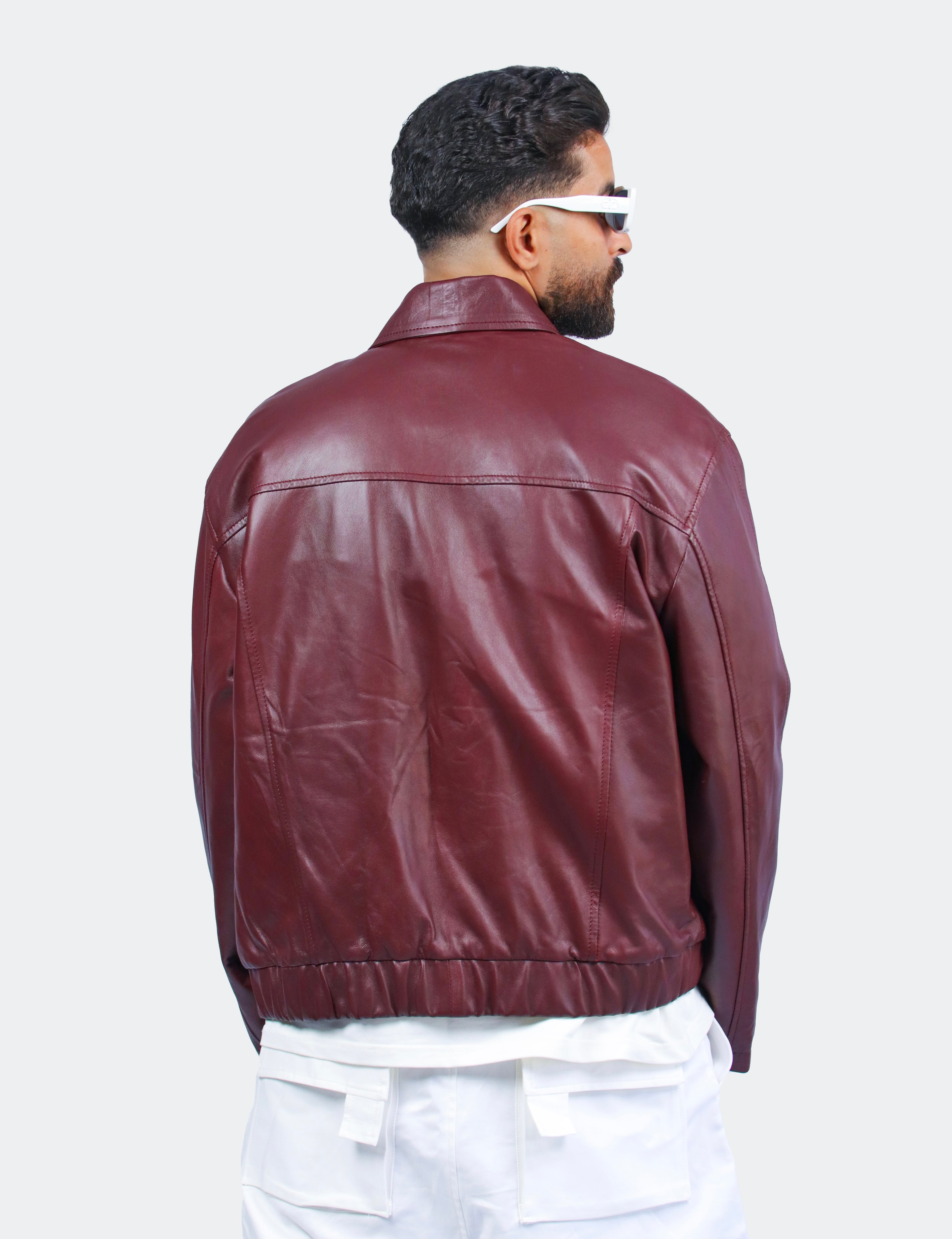 Blouson Oversize en Cuir Bordeaux à Col Chemise